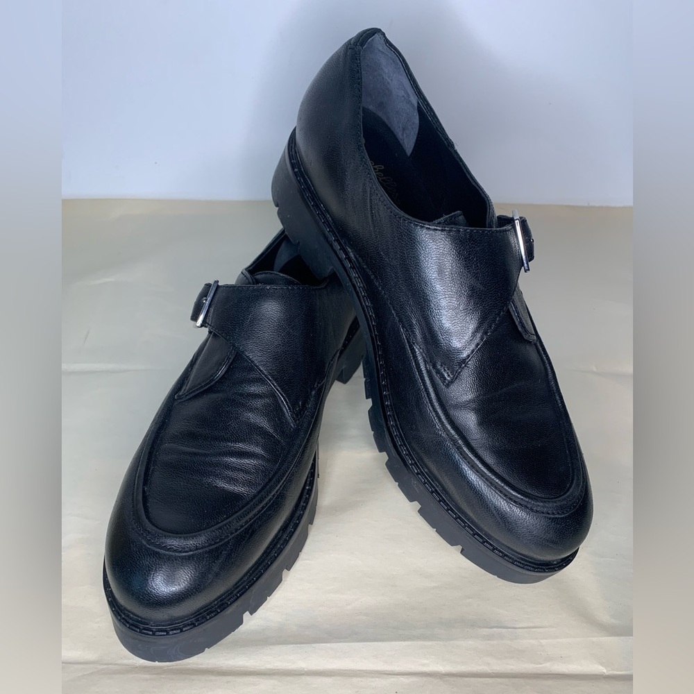 Seychelles Catch Me monk strap lug sole loafer, black leather, size 8M.